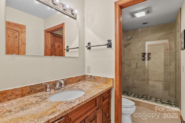 498 Pinnacle Pkwy, Union Mills, NC 28167 - bathroom featuring vanity, a stall shower, tile patterned floors, toilet, and visible vents