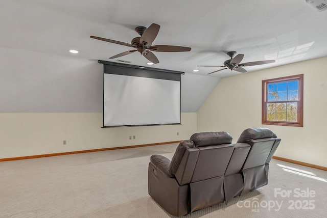 498 Pinnacle Pkwy, Union Mills, NC 28167 - cinema with a ceiling fan, recessed lighting, carpet flooring, lofted ceiling, and baseboards