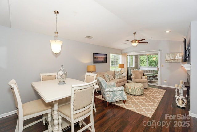 765 SW Dr, Davidson, NC 28036 - dining space featuring visible vents, baseboards, ceiling fan, wood finished floors, and lofted ceiling