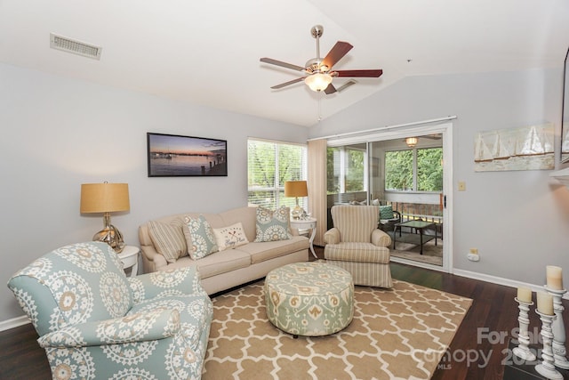 765 SW Dr, Davidson, NC 28036 - living room with visible vents, ceiling fan, vaulted ceiling, and baseboards