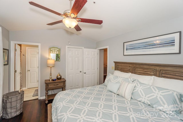 765 SW Dr, Davidson, NC 28036 - bedroom featuring ceiling fan, dark wood-type flooring, a closet, lofted ceiling, and baseboards