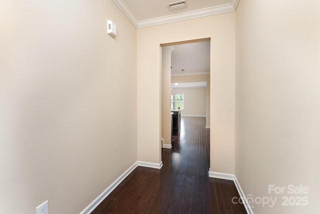 832 Summerlake Dr, Fort Mill, SC 29715 - hall featuring dark wood-type flooring, visible vents, baseboards, and crown molding