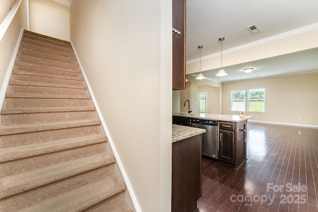 832 Summerlake Dr, Fort Mill, SC 29715 - stairway with visible vents, baseboards, ornamental molding, and wood finished floors
