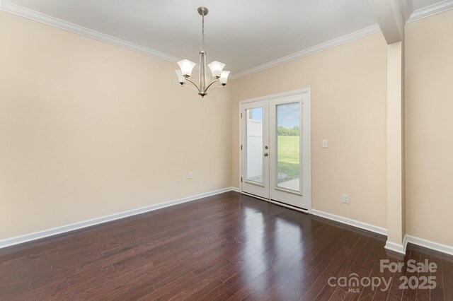 832 Summerlake Dr, Fort Mill, SC 29715 - spare room featuring crown molding, an inviting chandelier, dark wood-type flooring, french doors, and baseboards