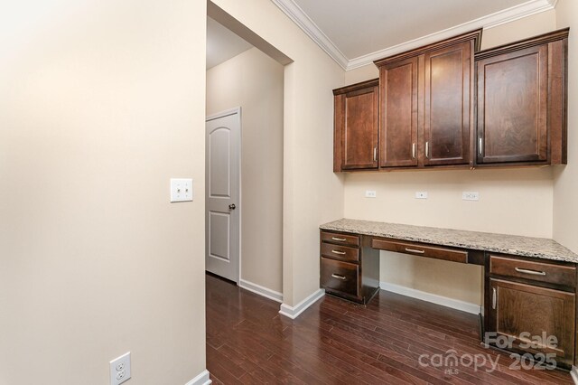 832 Summerlake Dr, Fort Mill, SC 29715 - unfurnished office featuring ornamental molding, built in study area, dark wood finished floors, and baseboards