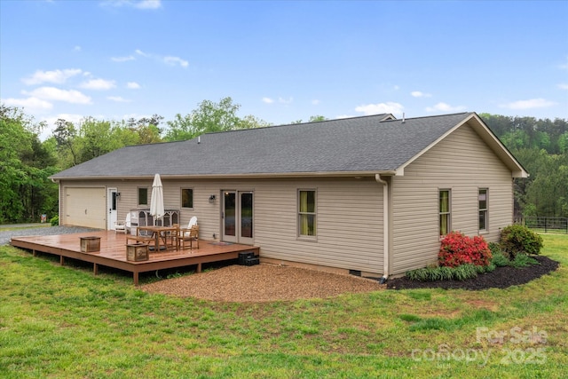 1091 Bill Collins Rd, Columbus, NC 28722 - rear view of property with a wooden deck, a lawn, an attached garage, and a shingled roof