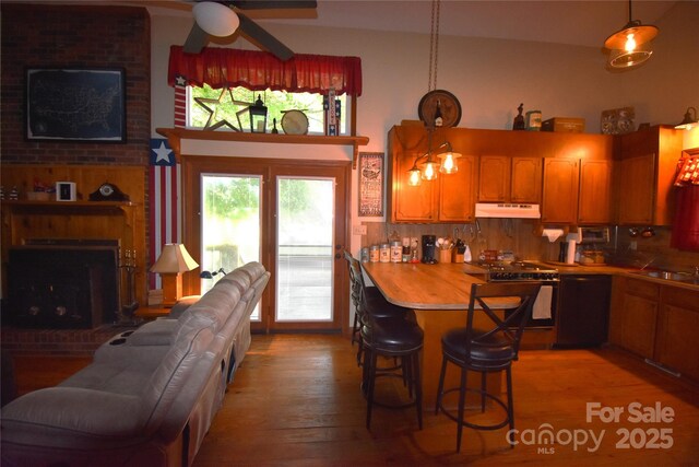 kitchen with a peninsula, light wood-style floors, dishwashing machine, stainless steel range oven, and under cabinet range hood