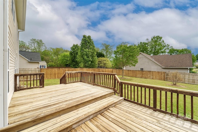 wooden terrace featuring a lawn and a fenced backyard