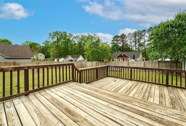 deck featuring a residential view, a lawn, and a fenced backyard