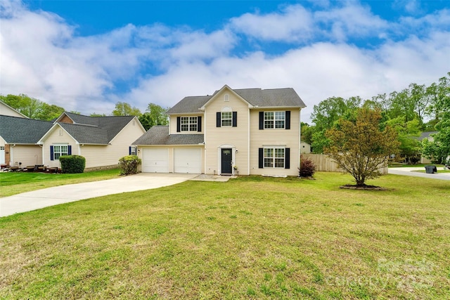 traditional-style home with an attached garage, a front lawn, concrete driveway, and fence