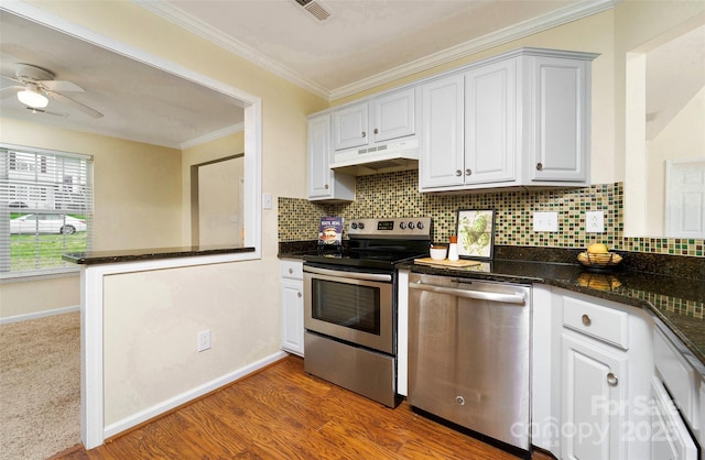 kitchen with a ceiling fan, crown molding, appliances with stainless steel finishes, under cabinet range hood, and visible vents