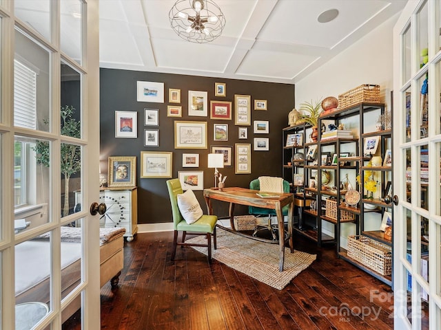 office with dark wood-style floors, baseboards, coffered ceiling, and french doors