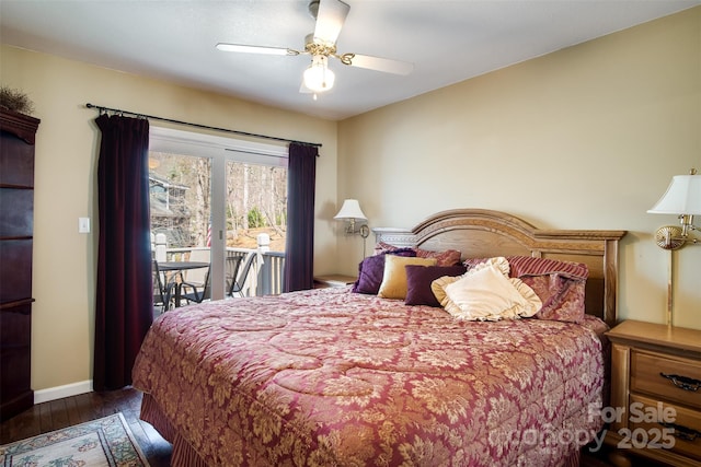 bedroom with hardwood / wood-style floors, access to exterior, ceiling fan, and baseboards