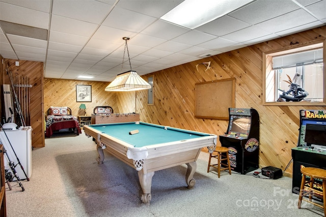 recreation room with carpet floors, a paneled ceiling, pool table, and electric panel