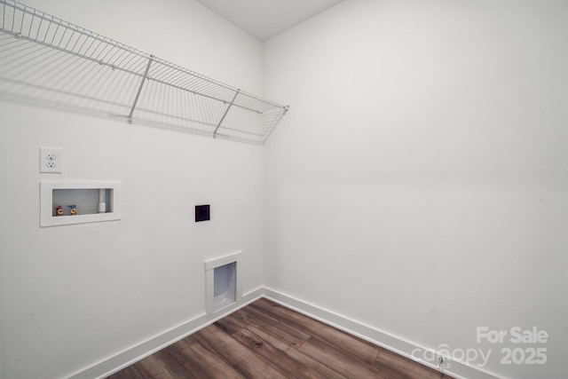 clothes washing area with baseboards, washer hookup, laundry area, dark wood-style floors, and hookup for an electric dryer