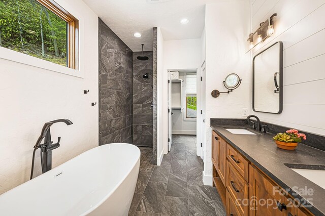 bathroom featuring a healthy amount of sunlight, a freestanding bath, a sink, and a walk in shower