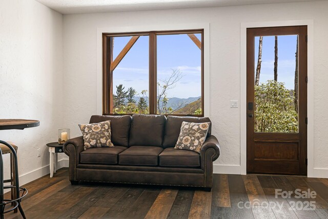 living area featuring dark wood-style flooring, a textured wall, baseboards, and a mountain view