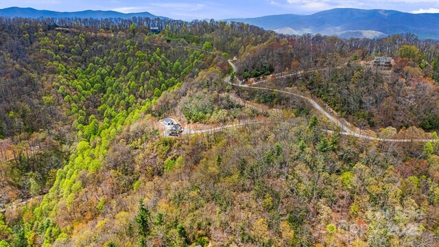 birds eye view of property with a mountain view and a forest view