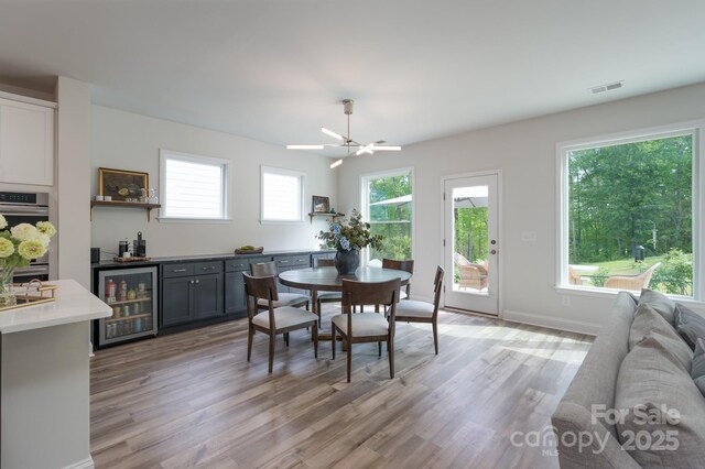 dining room with bar area, ceiling fan, light wood finished floors, visible vents, and wine cooler