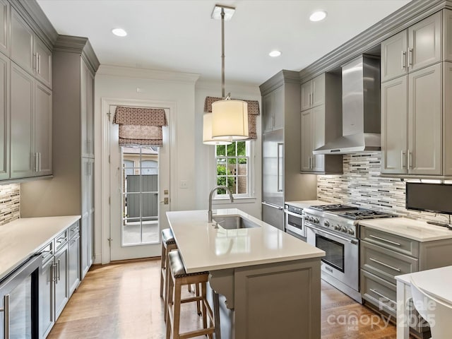 2616 Colton Dr, Charlotte, NC 28211 - kitchen with a sink, high end appliances, gray cabinetry, and wall chimney exhaust hood