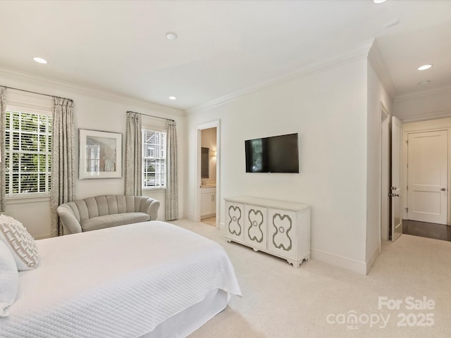 2616 Colton Dr, Charlotte, NC 28211 - bedroom featuring light carpet, baseboards, ornamental molding, and recessed lighting
