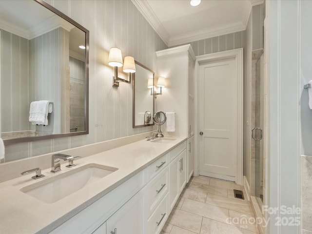 2616 Colton Dr, Charlotte, NC 28211 - full bathroom featuring a shower stall, a sink, ornamental molding, and visible vents