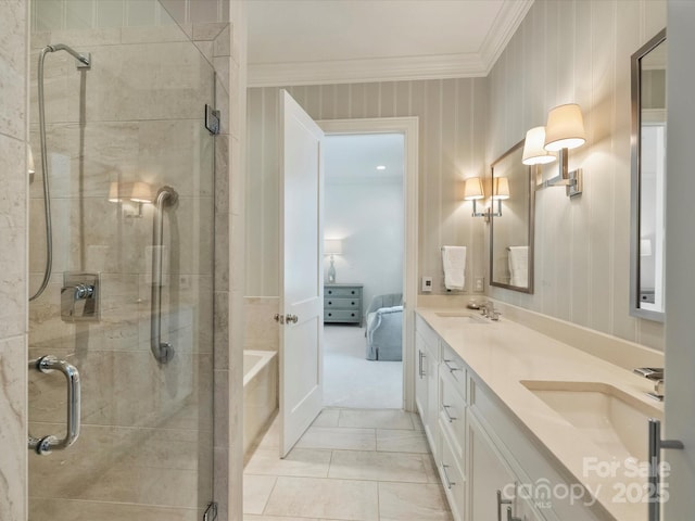 2616 Colton Dr, Charlotte, NC 28211 - ensuite bathroom with a shower stall, a sink, and ornamental molding