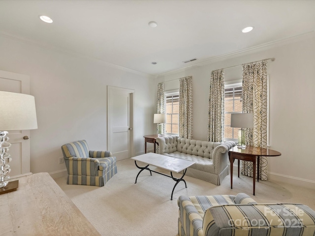 2616 Colton Dr, Charlotte, NC 28211 - living room with ornamental molding, visible vents, recessed lighting, carpet floors, and baseboards