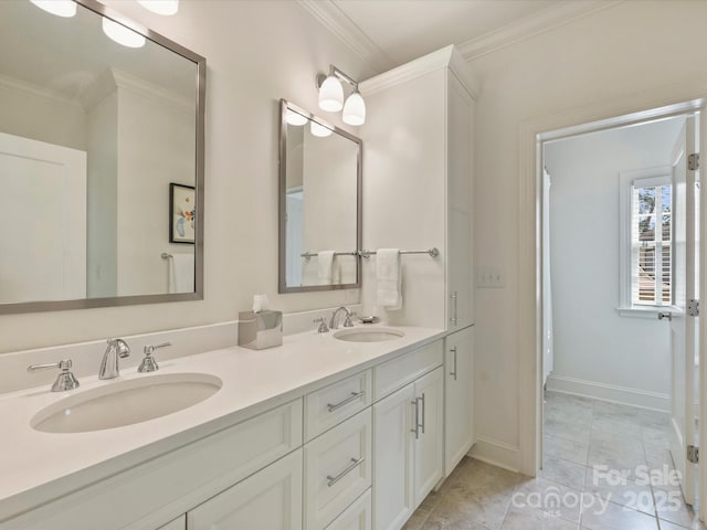 2616 Colton Dr, Charlotte, NC 28211 - full bathroom with double vanity, baseboards, a sink, and ornamental molding