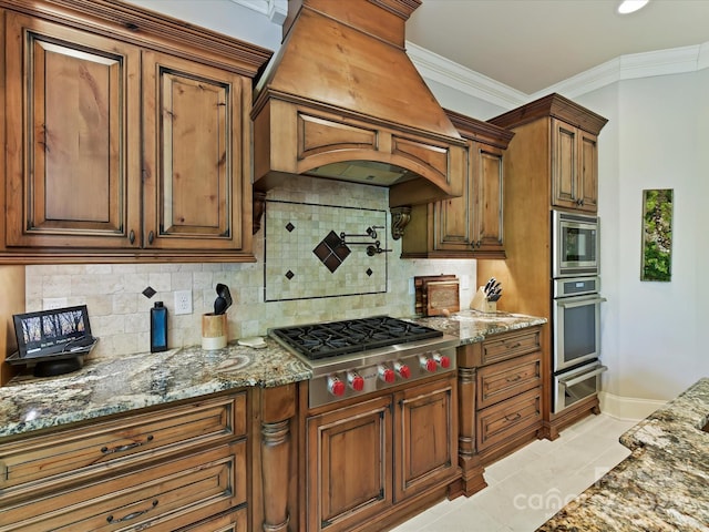 633 Elmhurst Dr, Fort Mill, SC 29715 - kitchen with appliances with stainless steel finishes, a warming drawer, custom exhaust hood, stone countertops, and decorative backsplash