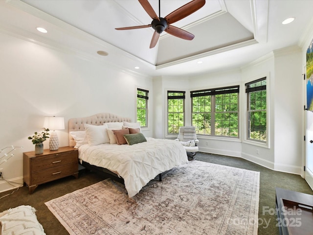 633 Elmhurst Dr, Fort Mill, SC 29715 - bedroom with a tray ceiling, crown molding, dark colored carpet, baseboards, and recessed lighting