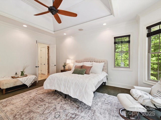 633 Elmhurst Dr, Fort Mill, SC 29715 - carpeted bedroom featuring a tray ceiling, recessed lighting, baseboards, ceiling fan, and ornamental molding