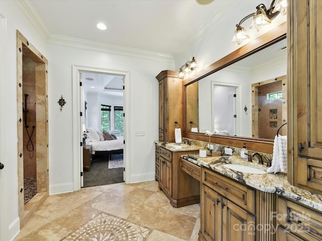 633 Elmhurst Dr, Fort Mill, SC 29715 - bathroom with vanity, ensuite bath, a tile shower, baseboards, and crown molding