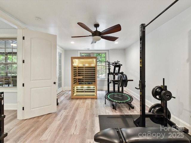 633 Elmhurst Dr, Fort Mill, SC 29715 - exercise room featuring light wood finished floors, a ceiling fan, baseboards, and recessed lighting
