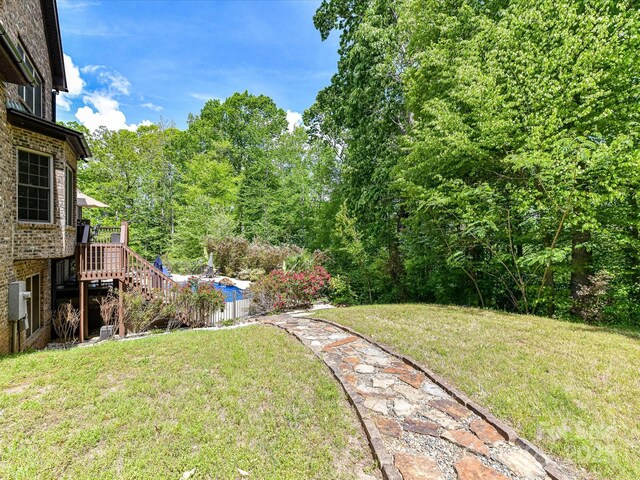 633 Elmhurst Dr, Fort Mill, SC 29715 - view of green lawn with stairs, an outdoor pool, and a deck