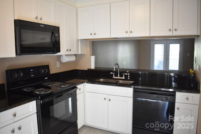 331 Eastwood Dr, Salisbury, NC 28146 - kitchen featuring a sink, white cabinets, black appliances, and dark stone counters