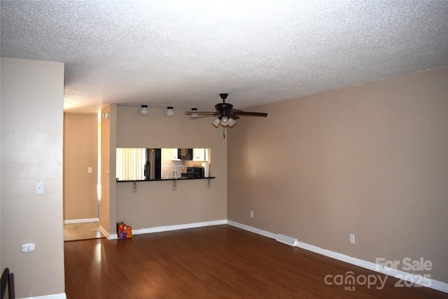 331 Eastwood Dr, Salisbury, NC 28146 - unfurnished living room with ceiling fan, dark wood-type flooring, a textured ceiling, visible vents, and baseboards