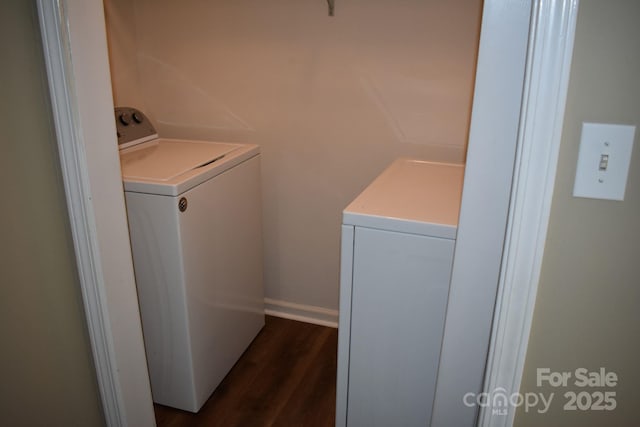 331 Eastwood Dr, Salisbury, NC 28146 - clothes washing area with laundry area, washing machine and clothes dryer, baseboards, and dark wood-style flooring