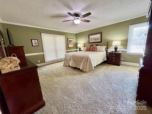 271 Ikerd Dr SE, Concord, NC 28025 - carpeted bedroom featuring ornamental molding, baseboards, a ceiling fan, and a textured ceiling