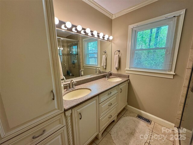 271 Ikerd Dr SE, Concord, NC 28025 - full bath featuring a sink, a stall shower, crown molding, and a healthy amount of sunlight