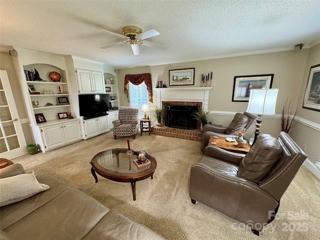 271 Ikerd Dr SE, Concord, NC 28025 - living area featuring ornamental molding, light carpet, a fireplace, a textured ceiling, and a ceiling fan