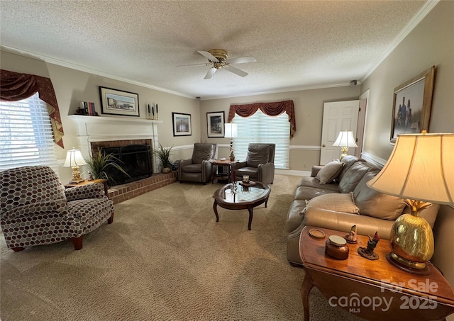 271 Ikerd Dr SE, Concord, NC 28025 - living area featuring a brick fireplace, ceiling fan, a textured ceiling, crown molding, and carpet floors
