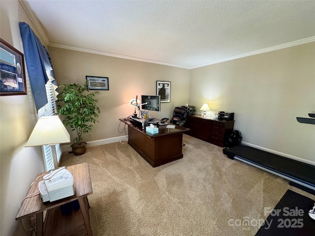 271 Ikerd Dr SE, Concord, NC 28025 - office area with crown molding, baseboards, light colored carpet, and a textured ceiling