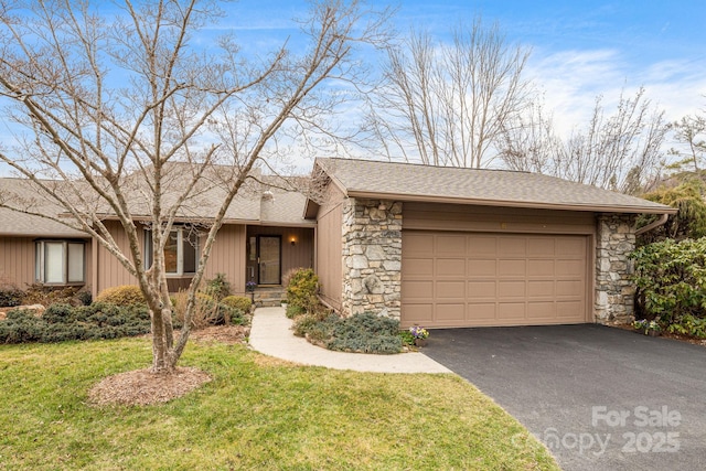 16 Ridgeview Dr, Asheville, NC 28804 - mid-century inspired home with stone siding, an attached garage, asphalt driveway, and roof with shingles