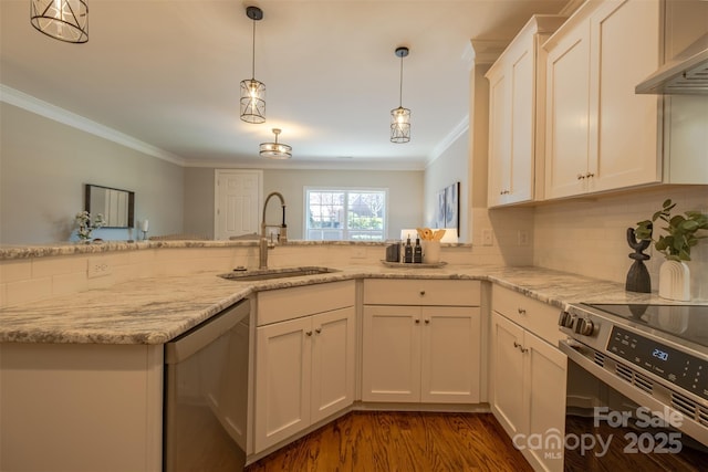 439 Beacon St NW, Concord, NC 28027 - kitchen featuring light stone countertops, under cabinet range hood, appliances with stainless steel finishes, a sink, and wood finished floors
