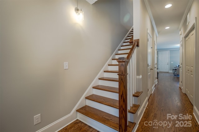 439 Beacon St NW, Concord, NC 28027 - stairway with crown molding, baseboards, recessed lighting, and wood finished floors