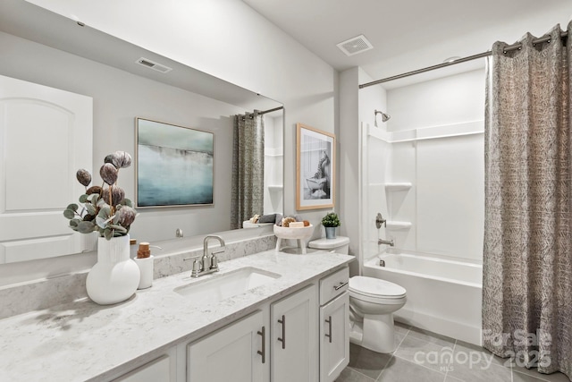 full bath featuring tile patterned floors, shower / bath combo with shower curtain, visible vents, and toilet