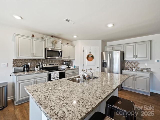 479 Daniel Dr, Lexington, NC 27295 - kitchen featuring dark wood-type flooring, tasteful backsplash, visible vents, appliances with stainless steel finishes, and a sink