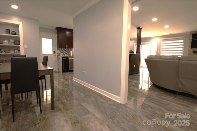 7428 Beaufort Cir, Charlotte, NC 28227 - dining space with crown molding, baseboards, recessed lighting, and marble finish floor