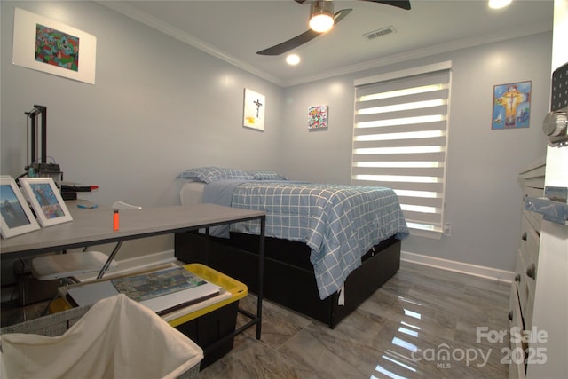 7428 Beaufort Cir, Charlotte, NC 28227 - bedroom featuring crown molding, ceiling fan, visible vents, recessed lighting, and baseboards